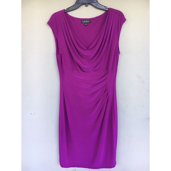 Lauren Ralph Lauren Ruched Cowl Neck Cocktail Dress Magenta Womens 12 Draped - Picture 1 of 14